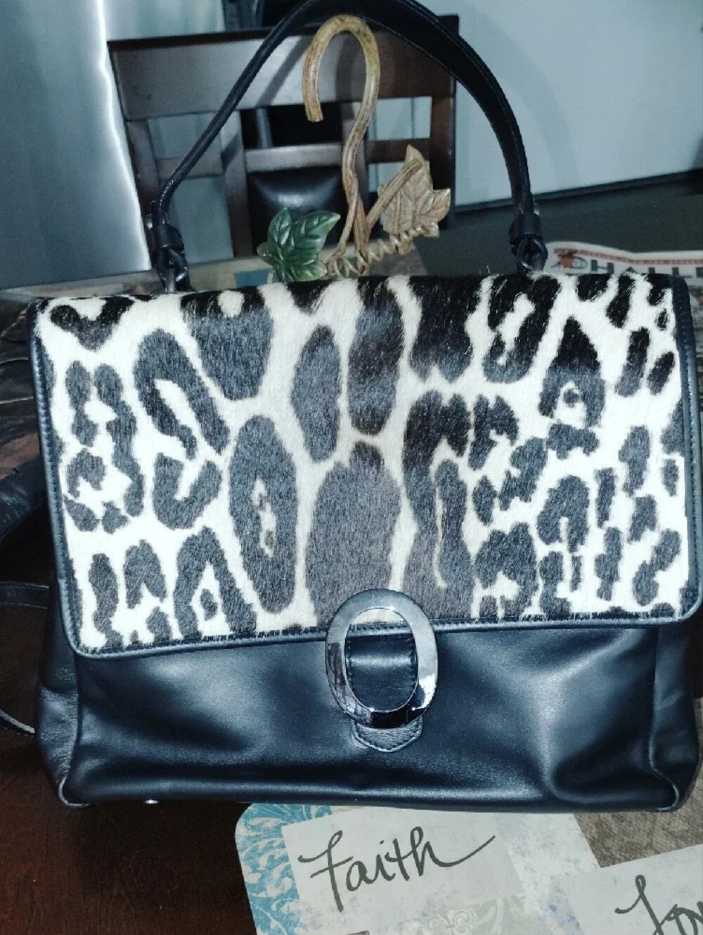 Cavalcanti Leopard Print Top-Handle Satchel in Black and White,Leather